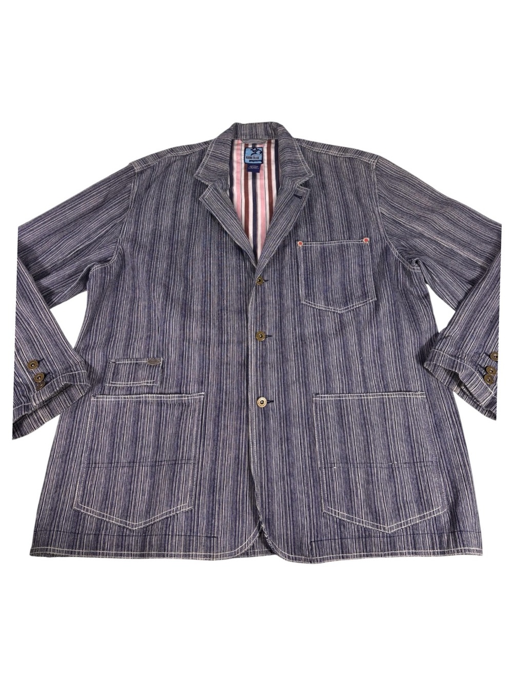 Raw Blue Railroad Stripe Workwear Jacket Steampunk Conductor Blazer 2XL
